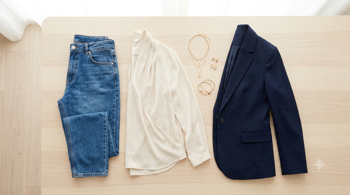 Flat lay de vêtements basiques et bijoux illustrant comment créer un mix and match tenue.