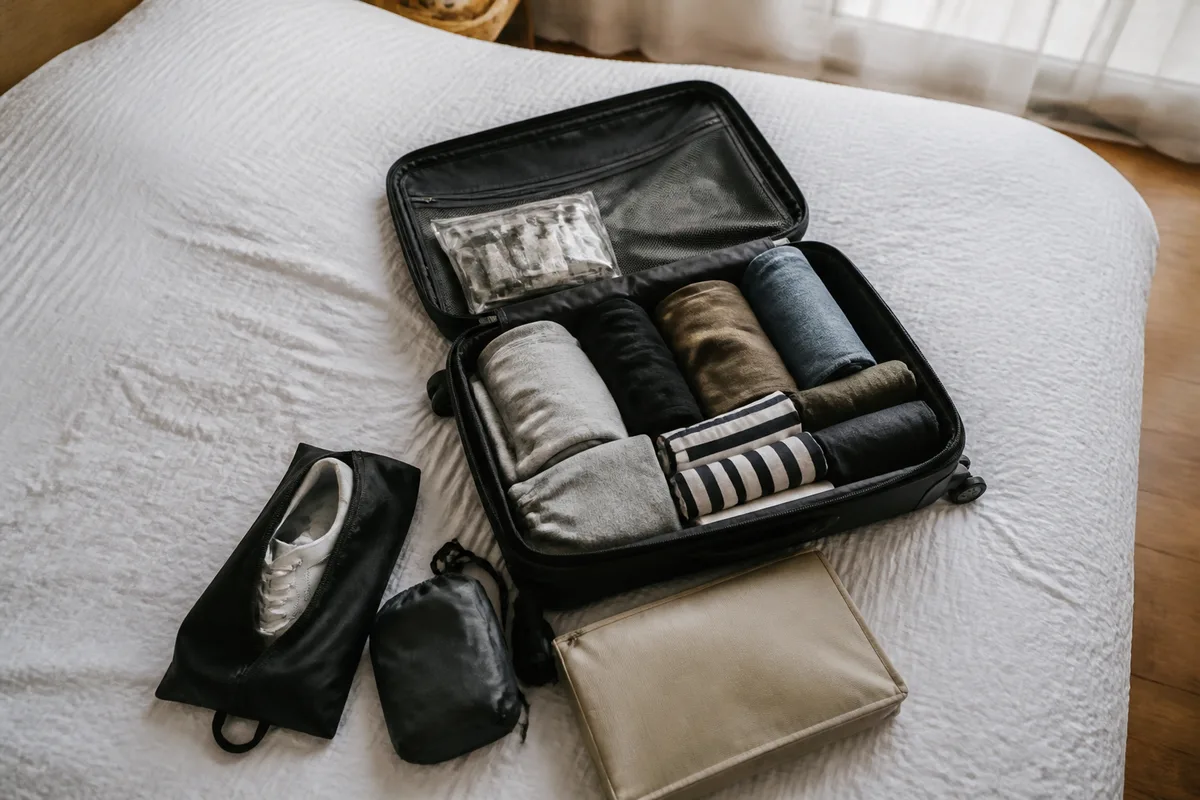 Valise ouverte avec vêtements, trousse de toilette et accessoires classés pour plusieurs types de séjour
