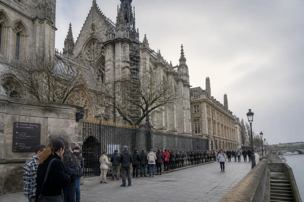 Visiteur devant la Sainte-Chapelle et la Conciergerie à Paris un dimanche d’hiver