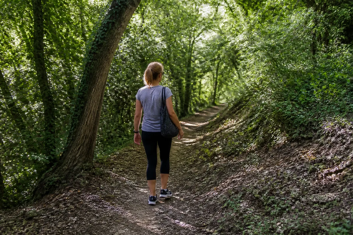 Promeneuse découvrant un sentier boisé près de chez elle